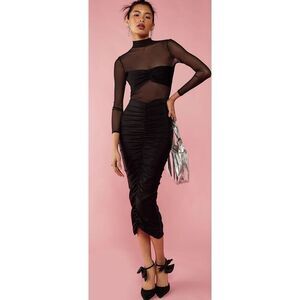 Revolve SER.O.YA Dress Womens Size XS Black Levina Midi Sheer Ruched Long Sleeve
